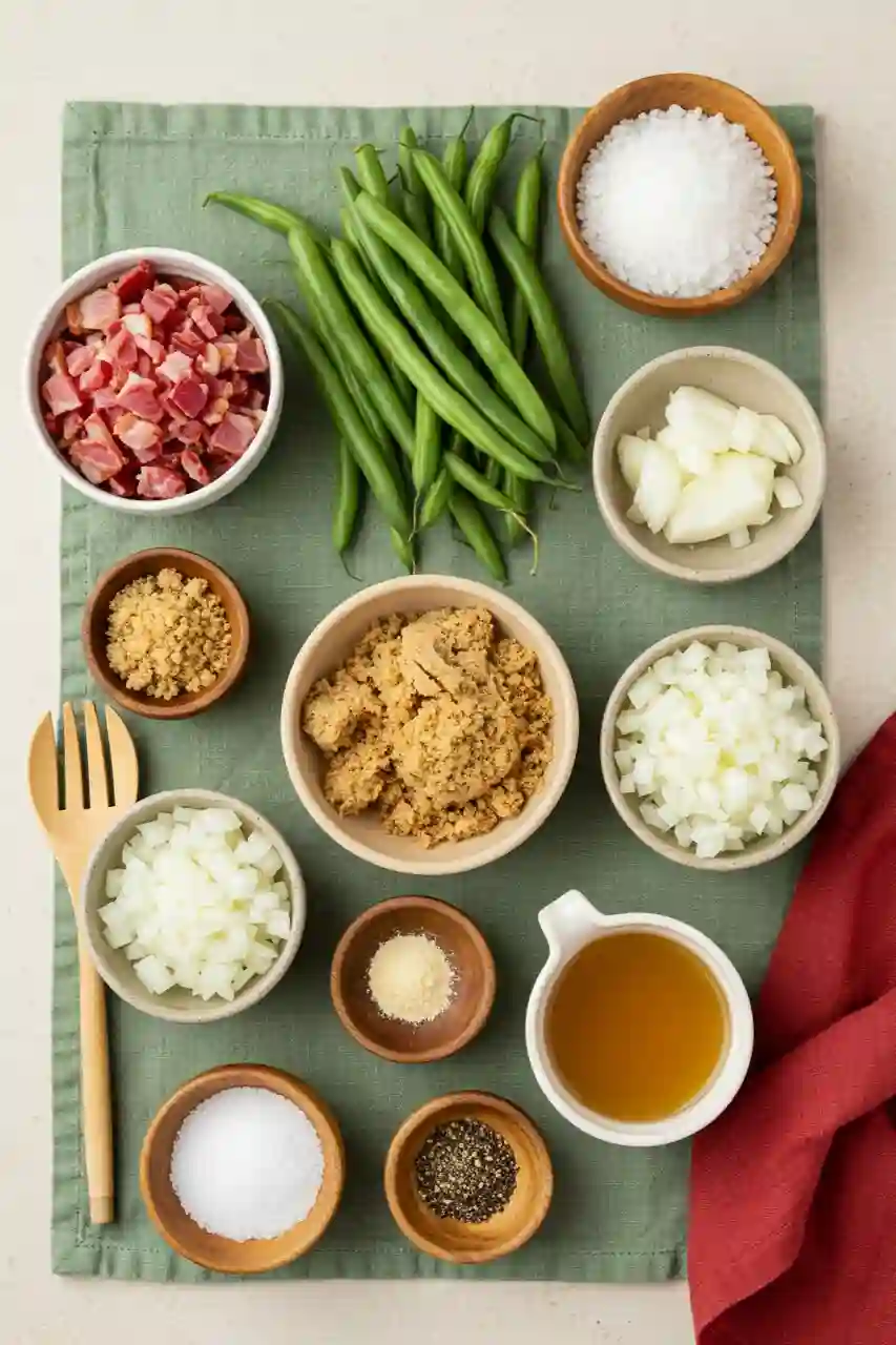 bacon-and-green-beans-ingredients Ingredients for bacon and green beans on brand-color linens and wood