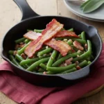 Plate of bacon and green beans with cornbread on a sage ceramic dish