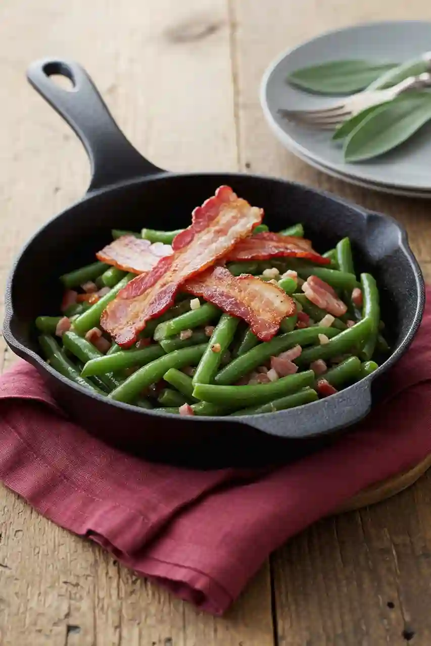 bacon-and-green-beans-serving Plate of bacon and green beans with cornbread on a sage ceramic dish