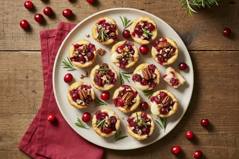 Overhead view of cranberry brie bites on a platter with red and sage holiday tones.