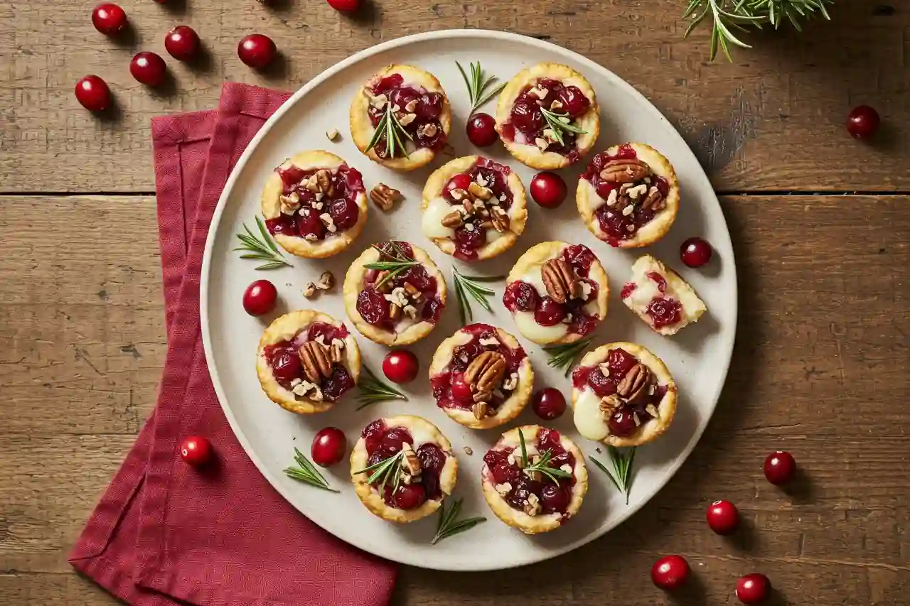 Overhead view of cranberry brie bites on a platter with red and sage holiday tones.