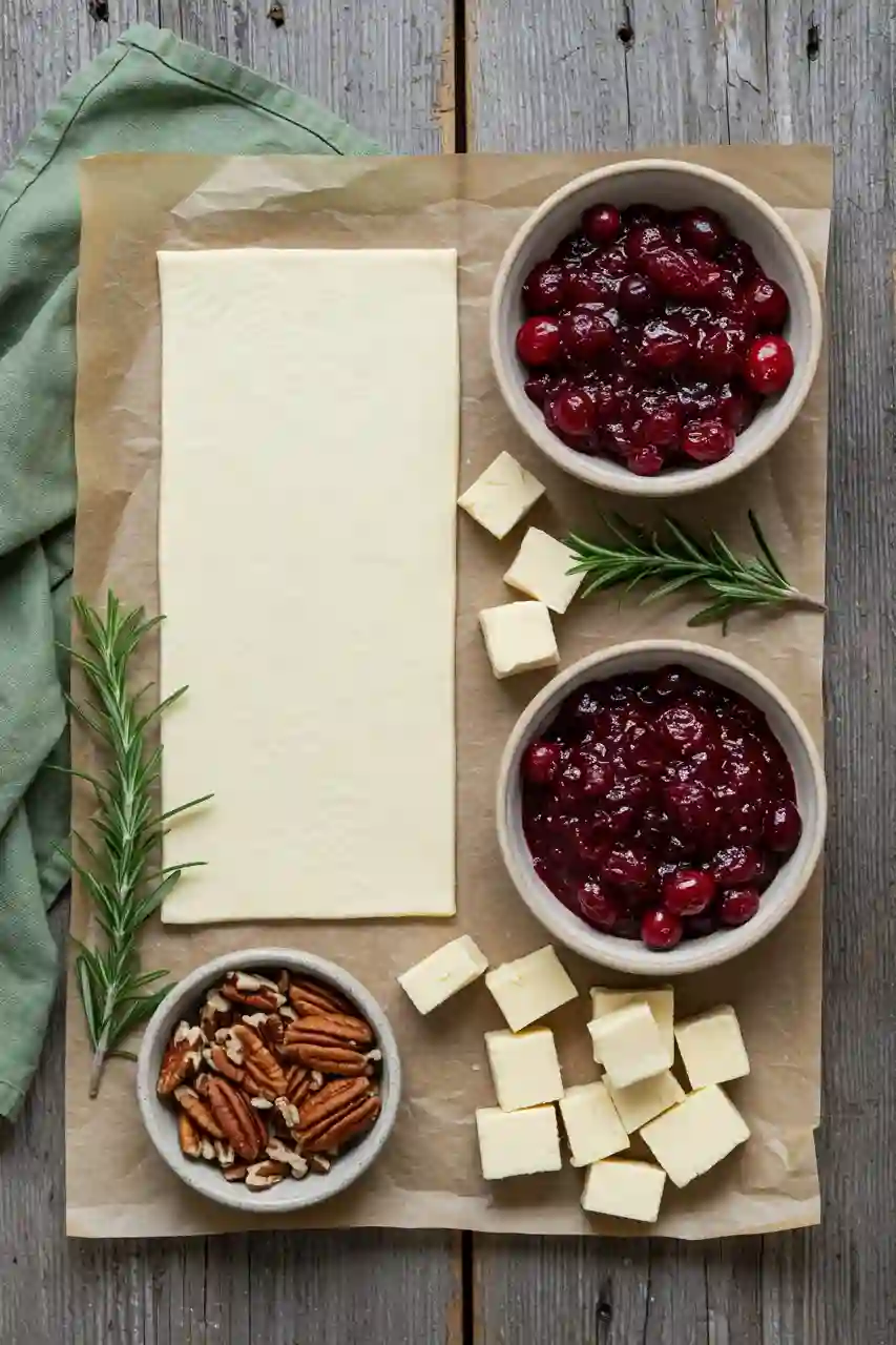 baked-cranberry-brie-bites-ingredients Flat-lay of ingredients for cranberry brie bites on parchment and wood.