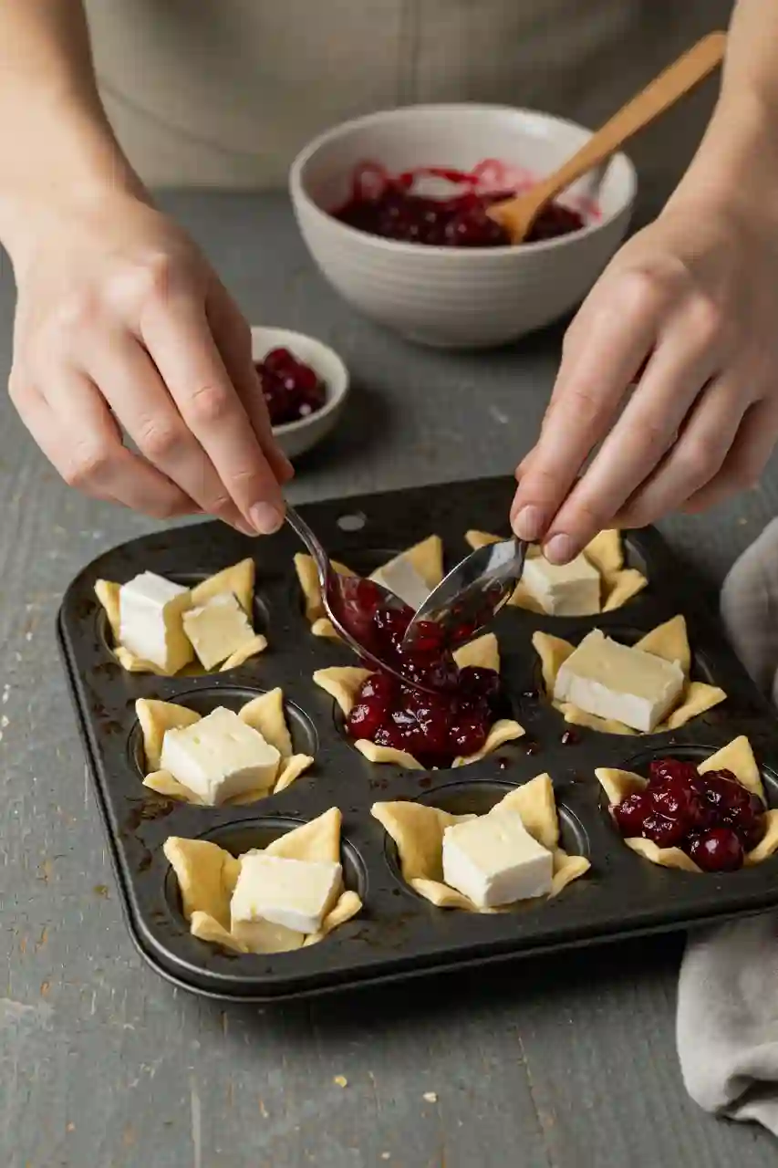 baked-cranberry-brie-bites-key-step Filling pastry cups with brie and cranberry sauce in a mini muffin tin.