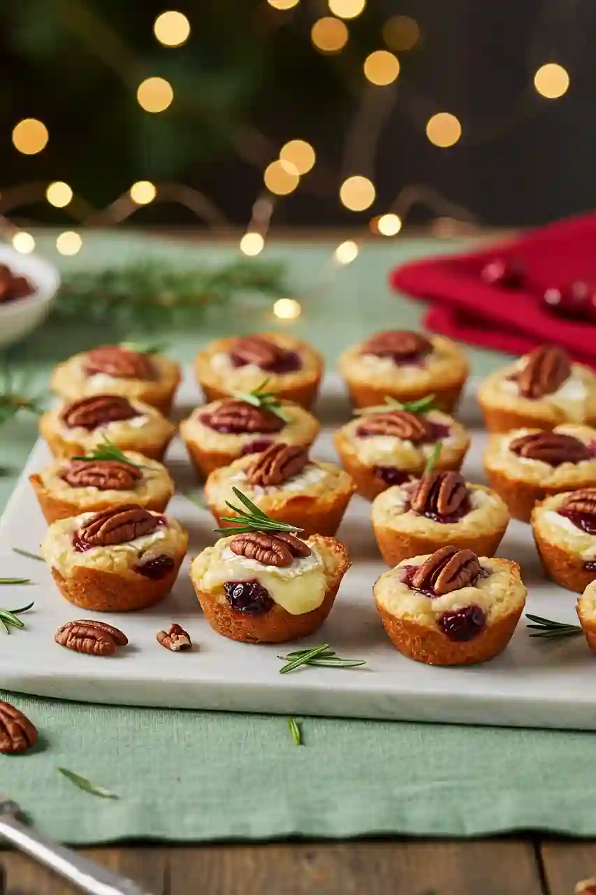 baked-cranberry-brie-bites-served Holiday tray of baked cranberry brie bites with rosemary and pecan garnish.