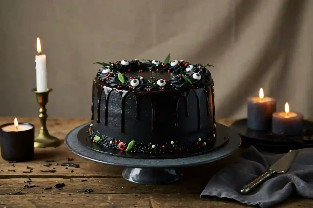 Black velvet cake with brand-color Halloween styling.