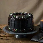 Black velvet cake with brand-color Halloween styling.