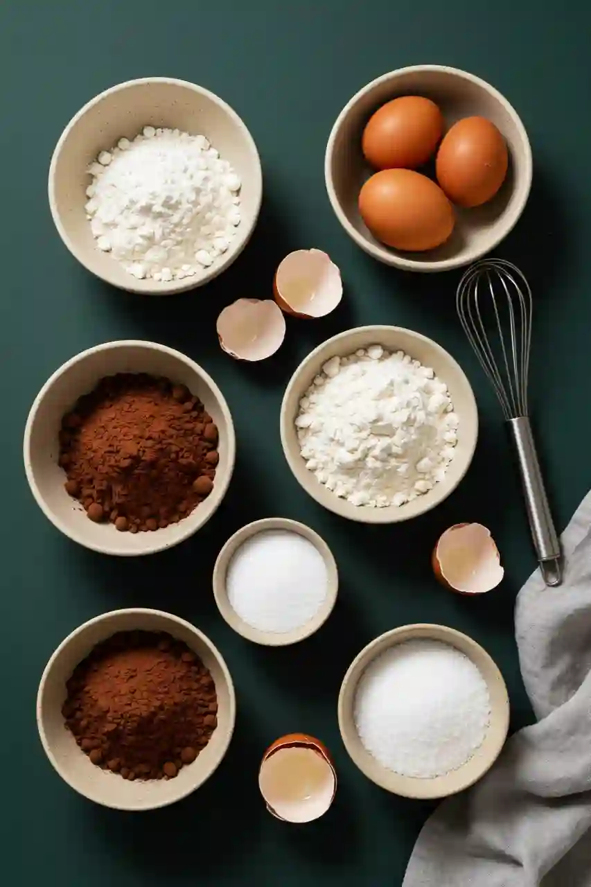 Black Velvet Cake Ingredients Flatlay Flatlay of black velvet cake ingredients styled with brand palette.
