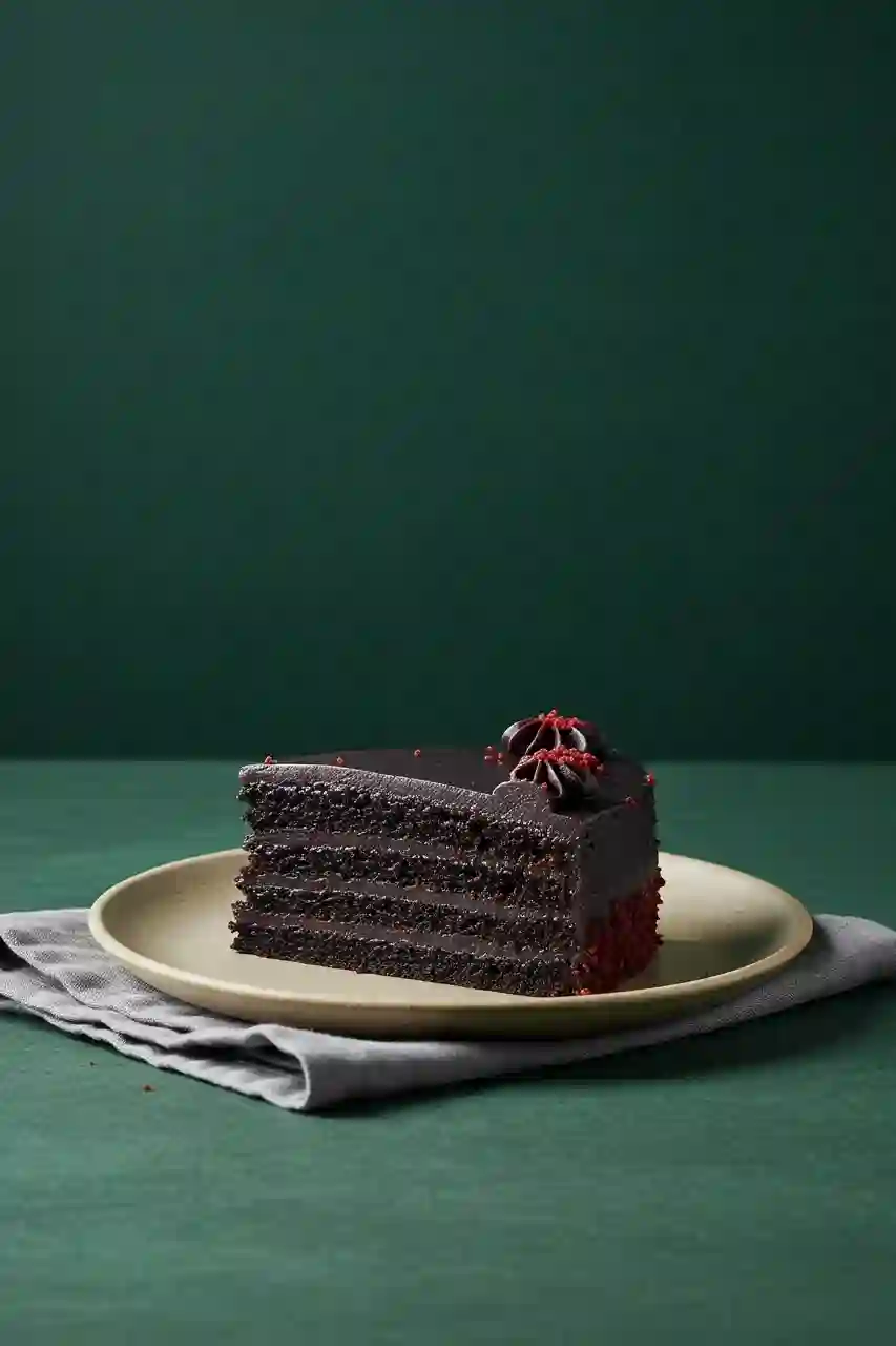 Black Velvet Cake Slice Serving Slice of black velvet cake on a plate with brand-colored background.