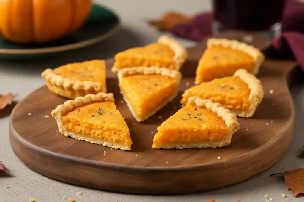 Cheese cracker pumpkin pie appetizers styled on a rustic board with brand-colored accents