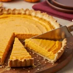 Cutting a large cheese cracker pumpkin pie into slices on a wooden board