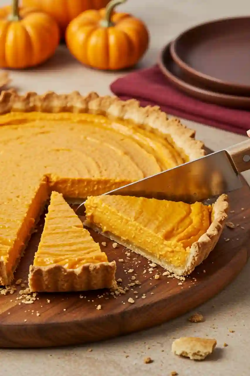 cheese-cracker-pumpkin-pie-key-step Cutting a large cheese cracker pumpkin pie into slices on a wooden board