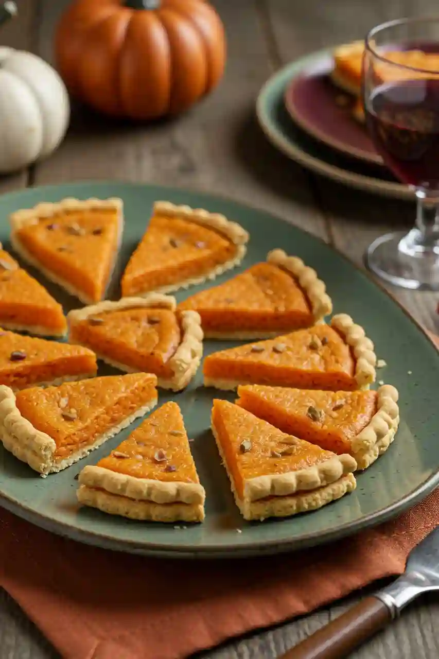 cheese-cracker-pumpkin-pie-serving Cheese cracker pumpkin pie appetizers served on branded holiday platter