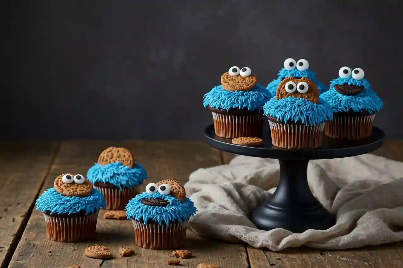 Cookie Monster cupcakes with blue frosting, candy eyes, and cookies on a cake stand.