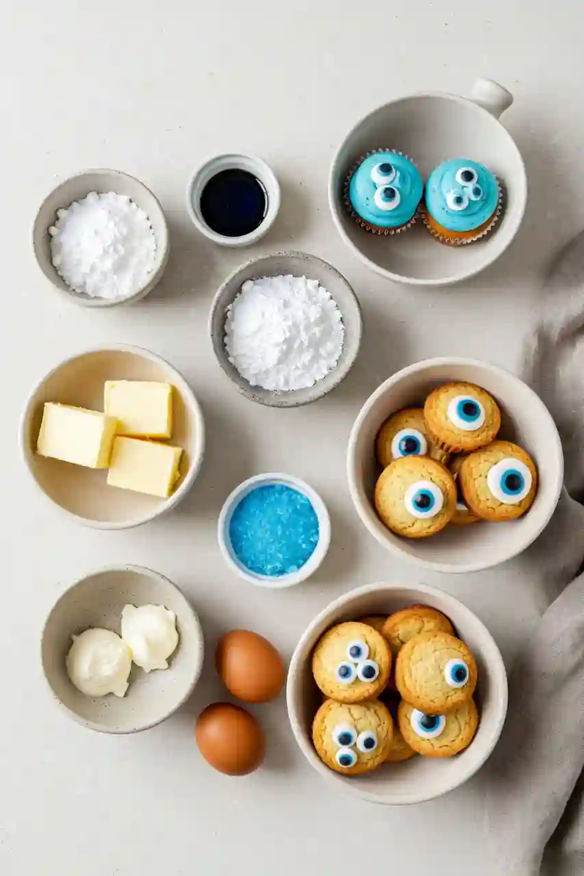 cookie-monster-cupcakes-ingredients-halloween-desserts Flatlay of ingredients for Cookie Monster cupcakes including butter, sugar, food coloring, cookies, and candy eyes.