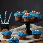 Cookie Monster cupcakes served on a decorated Halloween party table.