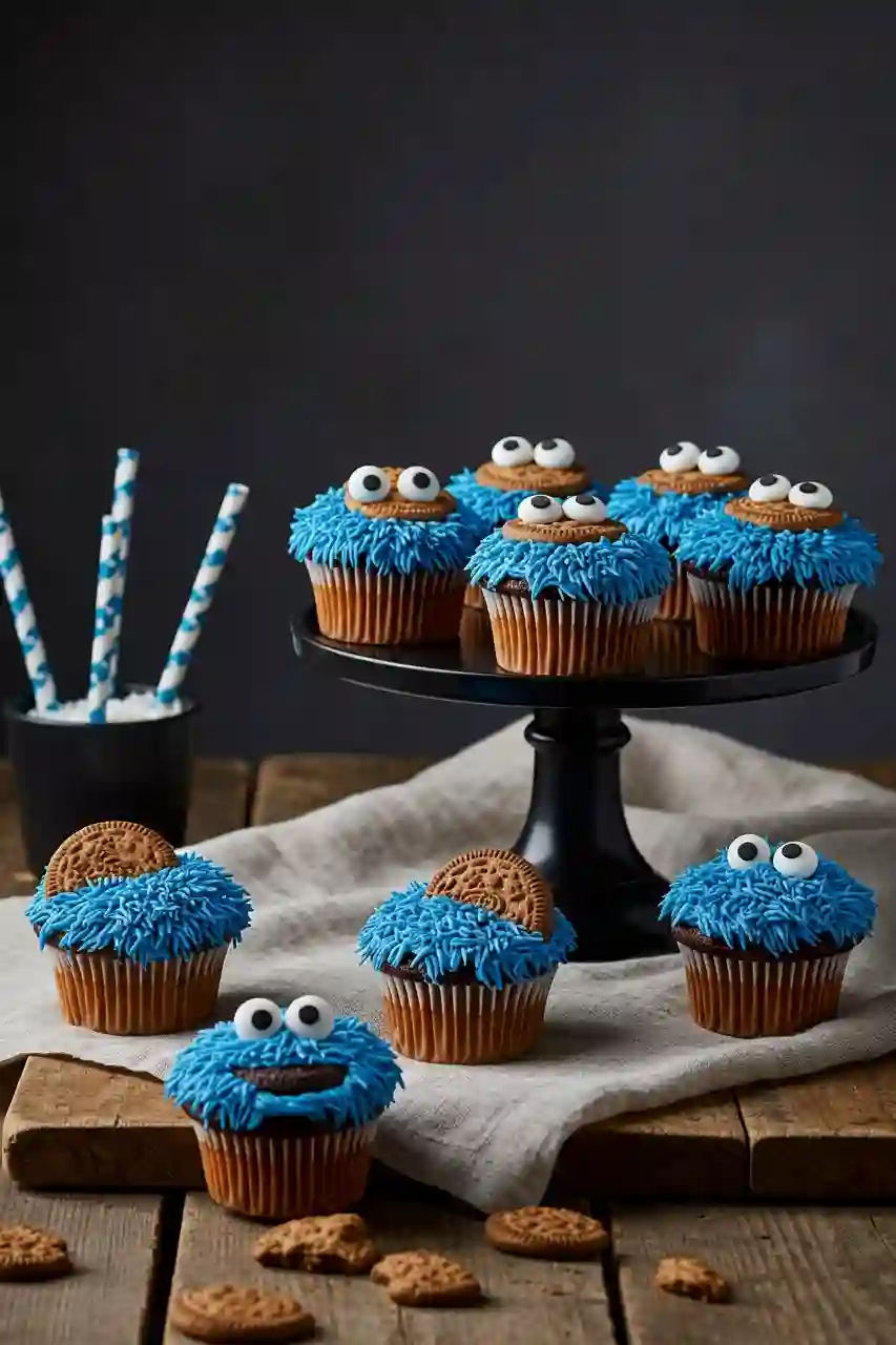 cookie-monster-cupcakes-serving-halloween-desserts Cookie Monster cupcakes served on a decorated Halloween party table.