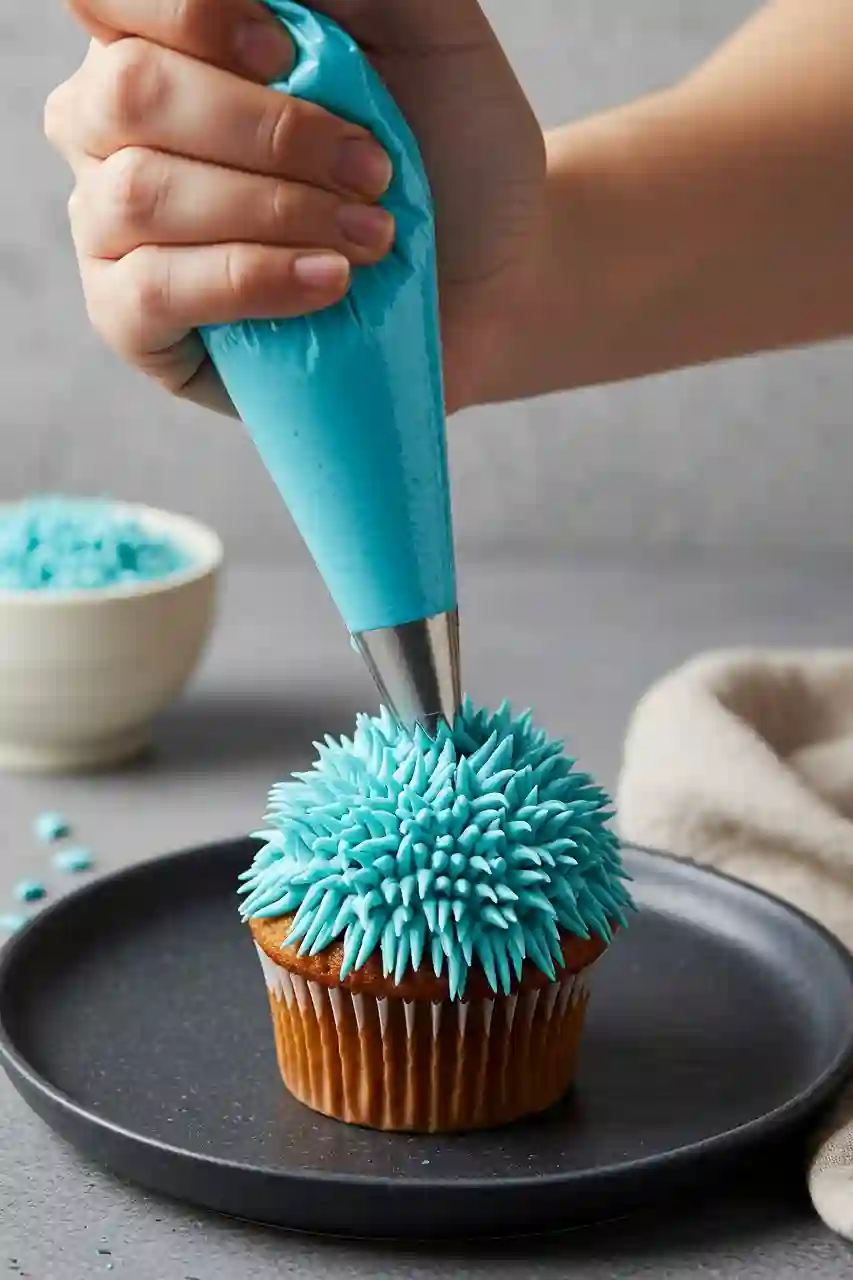 cookie-monster-cupcakes-step-decorating-halloween-desserts Piping blue frosting fur onto a Cookie Monster cupcake with a grass tip.