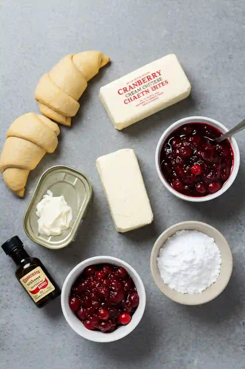 cranberry-cream-cheese-bites-ingredients Crescent dough filled with cream cheese and cranberry sauce before baking