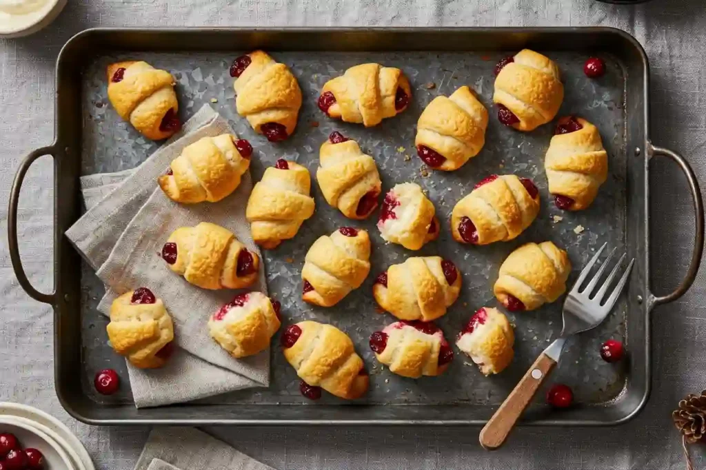 Cranberry cream cheese crescent bites fresh from the oven on a rustic baking tray