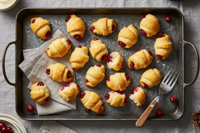 Cranberry cream cheese crescent bites fresh from the oven on a rustic baking tray