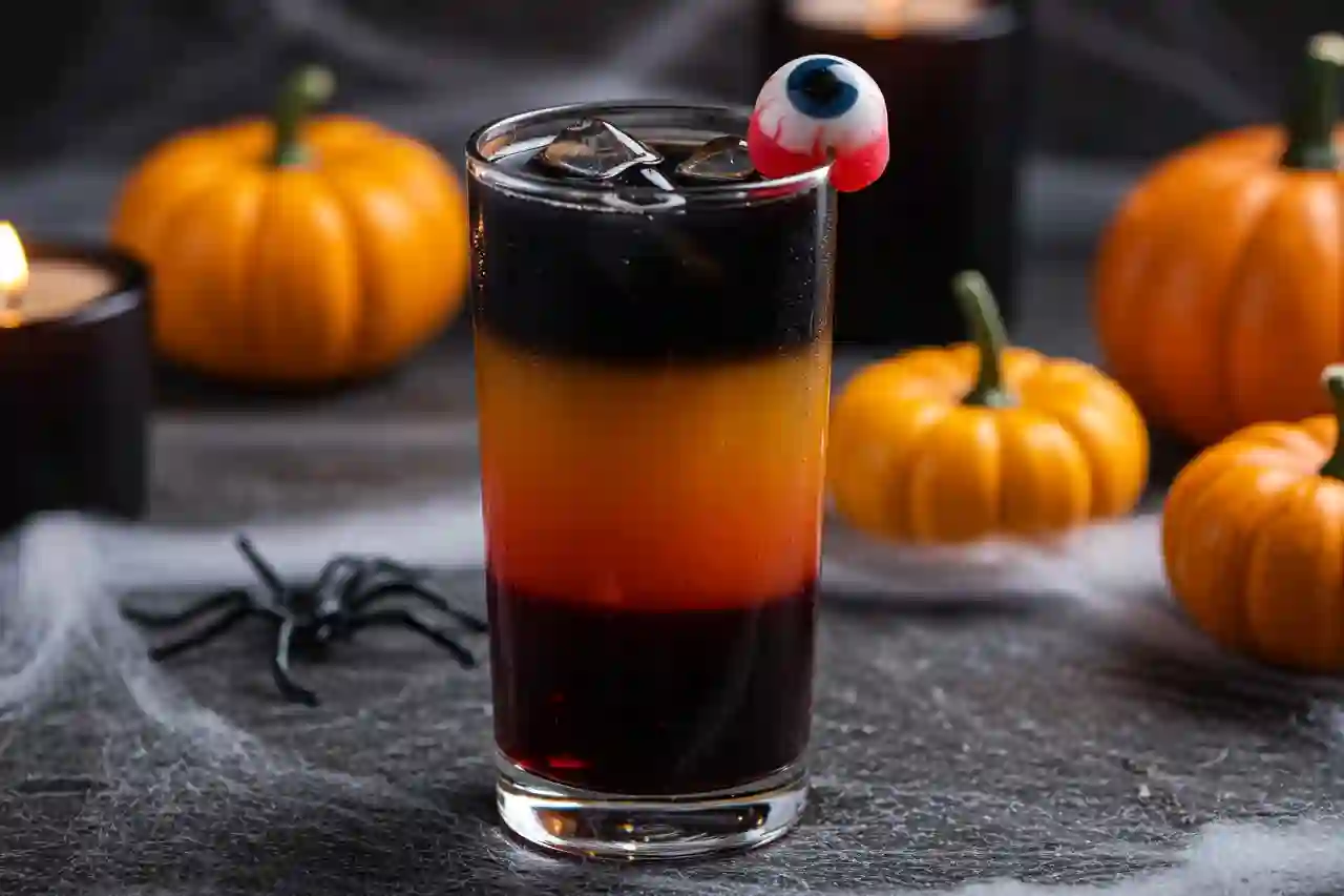 Layered Halloween cocktail with black, orange, and red colors