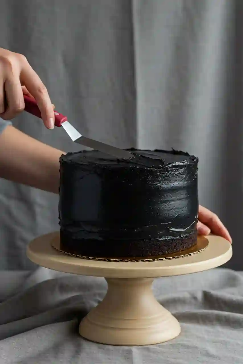 Frosting the Black Velvet Cake Frosting a black velvet cake with branded color accents.