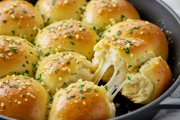 Freshly baked garlic bread rolls brushed with butter and parsley in a basket.