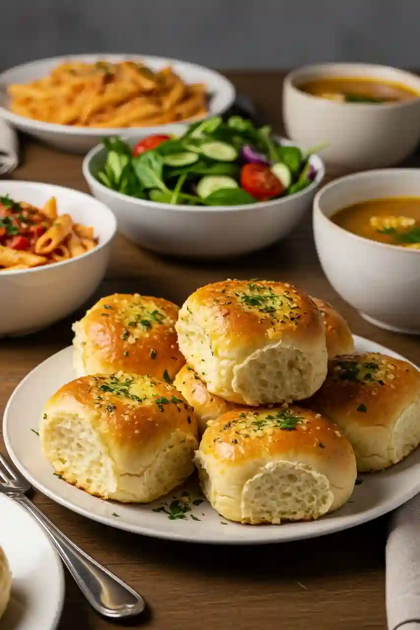 Garlic Bread Rolls Served at Dinner Garlic bread rolls served with pasta and salad.
