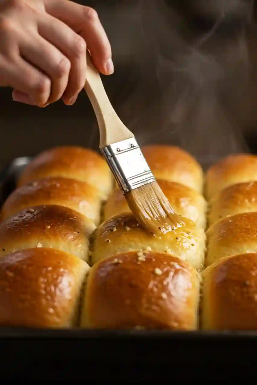 Brushing Garlic Butter on Rolls Hand brushing garlic butter on hot bread rolls.