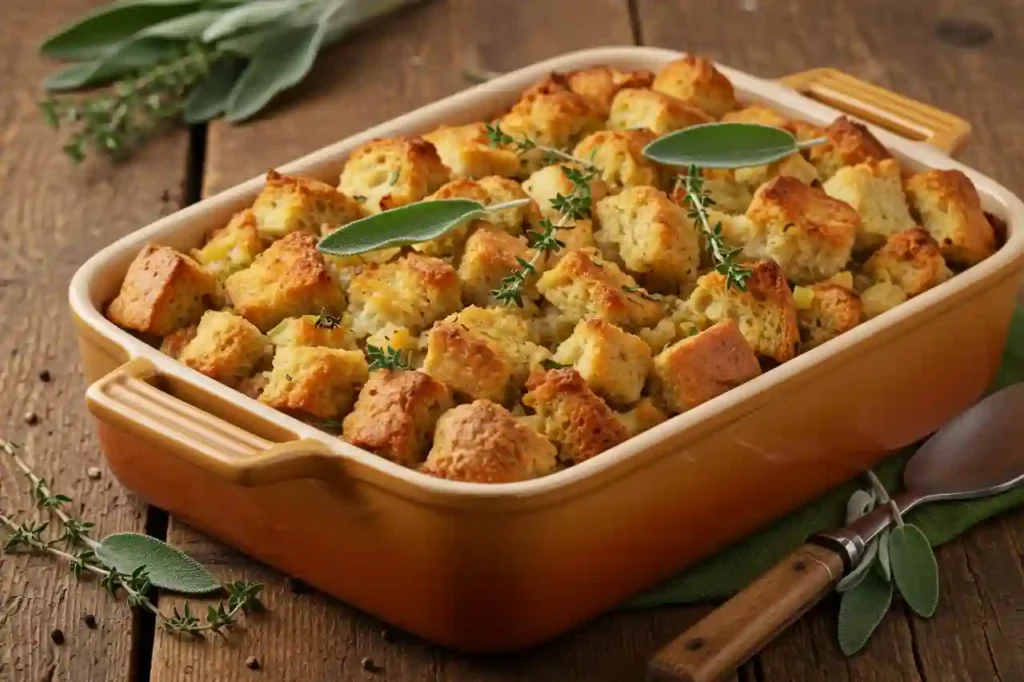 Grandma’s Thanksgiving stuffing baked golden brown with herbs in a casserole dish