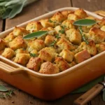 Grandma’s Thanksgiving stuffing baked golden brown with herbs in a casserole dish