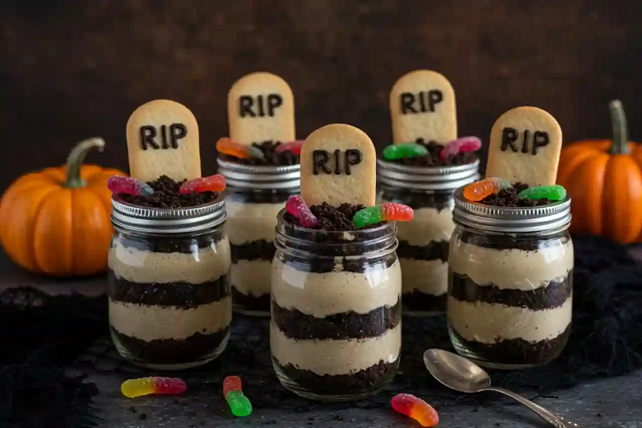 Graveyard pudding cups with tombstone cookies and gummy worms