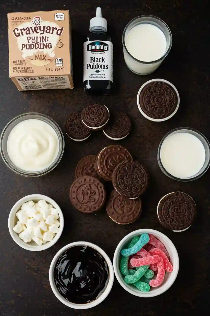 Graveyard Pudding Cups Ingredients Ingredients for graveyard pudding cups including pudding mix, cookies, and gummy worms