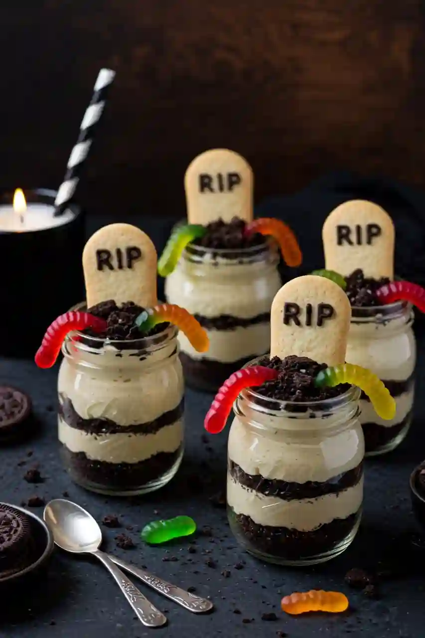 Serving Graveyard Pudding Cups Halloween graveyard pudding cups in mason jars with spooky decorations