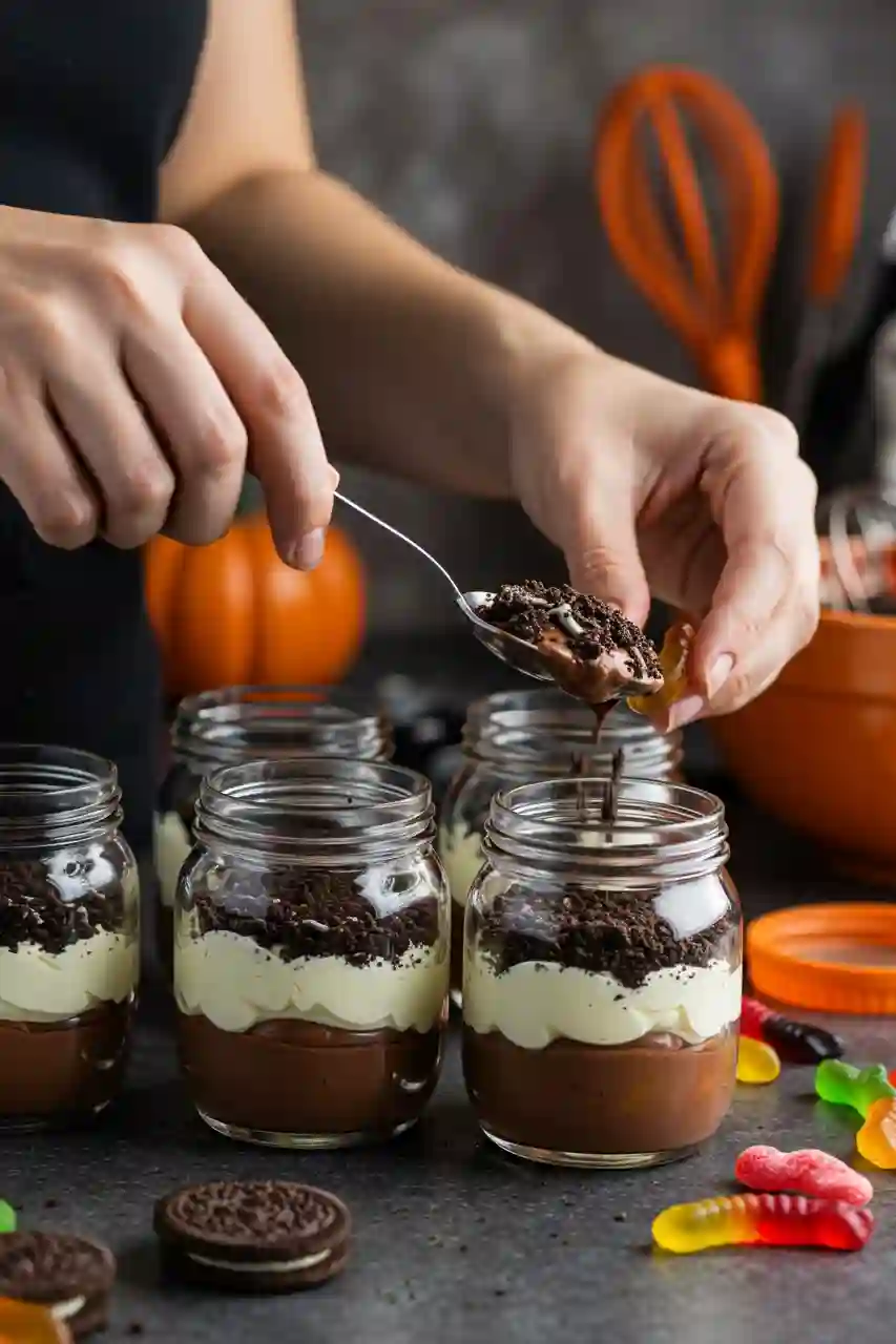 Making Graveyard Pudding Cups Step-by-step layering of pudding and crushed cookies for graveyard pudding cups