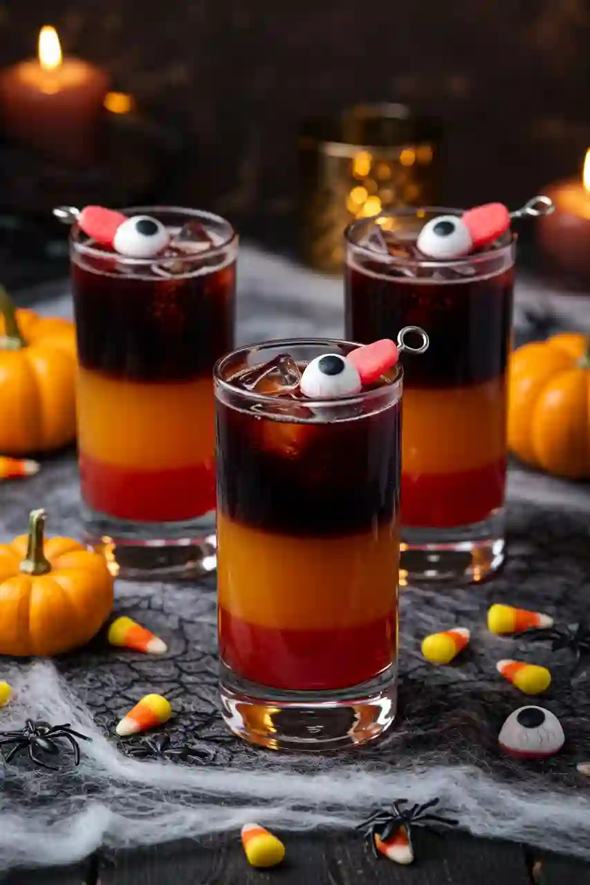 halloween-cocktail-party-serving Trio of layered Halloween cocktails with spooky decor