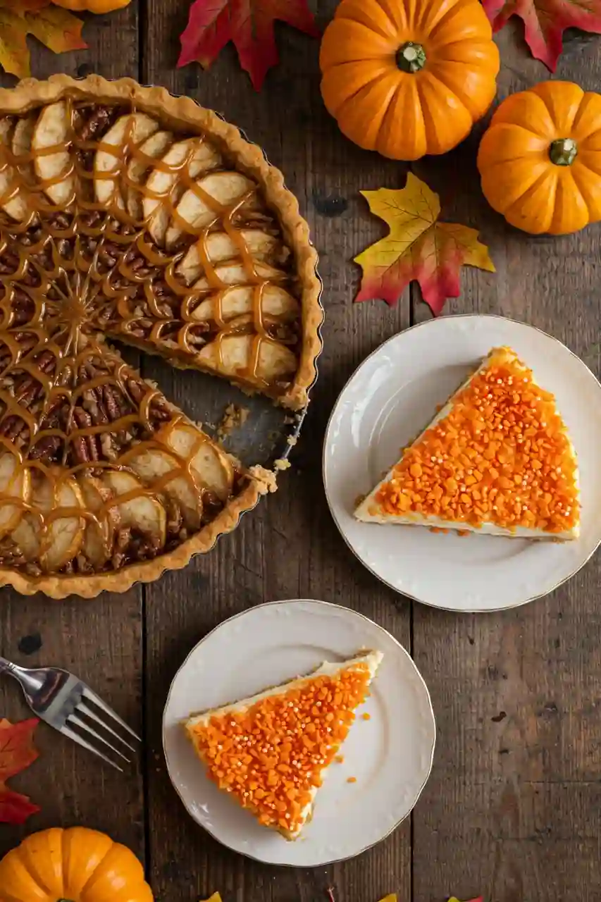 halloween-desserts-recipes-apple-pecan-tart-cheesecake Apple pecan tart with caramel spiderweb next to strawberry crunch cheesecake slice with orange sprinkles.