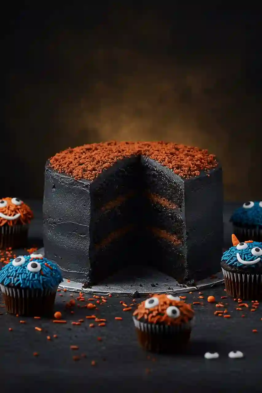 halloween-desserts-recipes-black-velvet-cake Black Velvet Cake with black frosting and monster cupcakes with candy eyes on a Halloween-themed table.