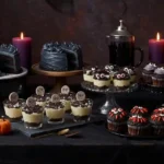 A Halloween dessert table featuring black velvet cake, graveyard pudding cups, monster cupcakes, and pumpkin Rice Krispie treats.