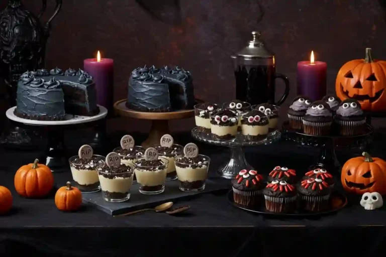 A Halloween dessert table featuring black velvet cake, graveyard pudding cups, monster cupcakes, and pumpkin Rice Krispie treats.