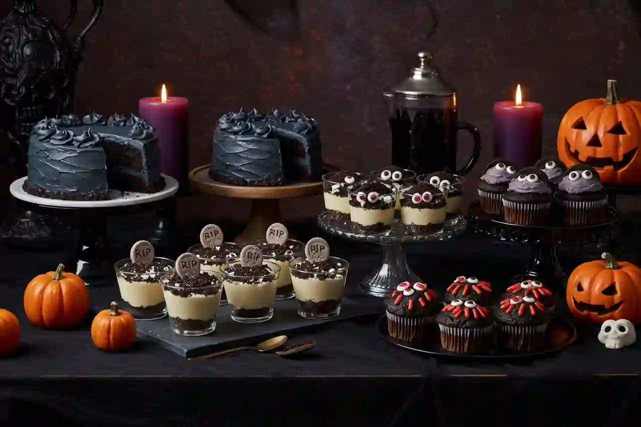A Halloween dessert table featuring black velvet cake, graveyard pudding cups, monster cupcakes, and pumpkin Rice Krispie treats.