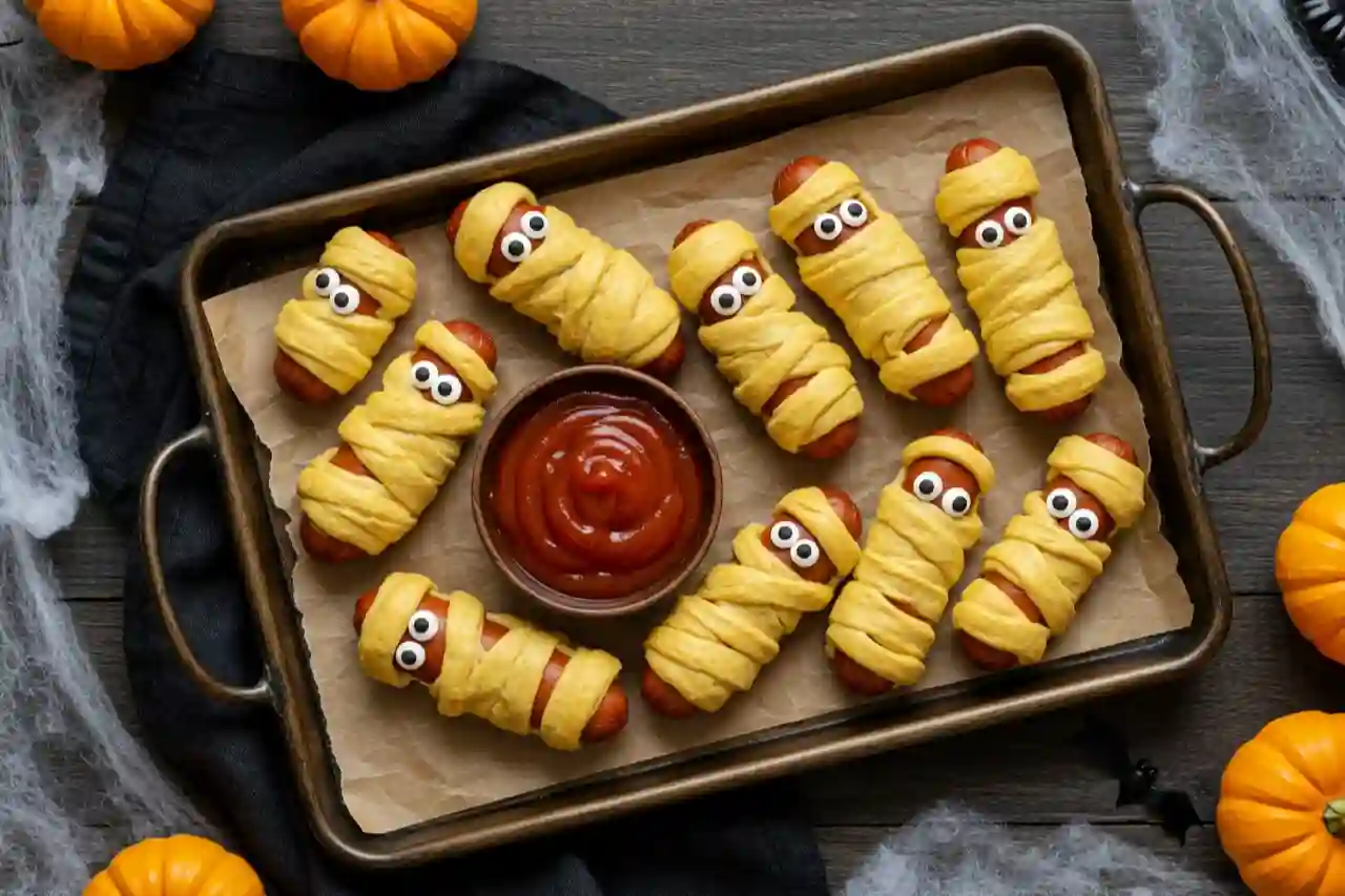 Overhead tray of Halloween Mummy Hot Dogs wrapped in puff pastry with candy eyes, styled with pumpkins and cobwebs.