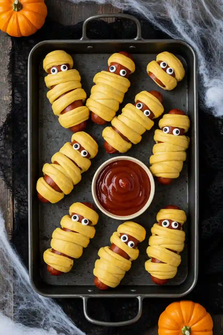 halloween-mummy-hot-dogs-serving Halloween Mummy Hot Dogs on a black serving platter with ketchup and mustard, styled with spooky decor.