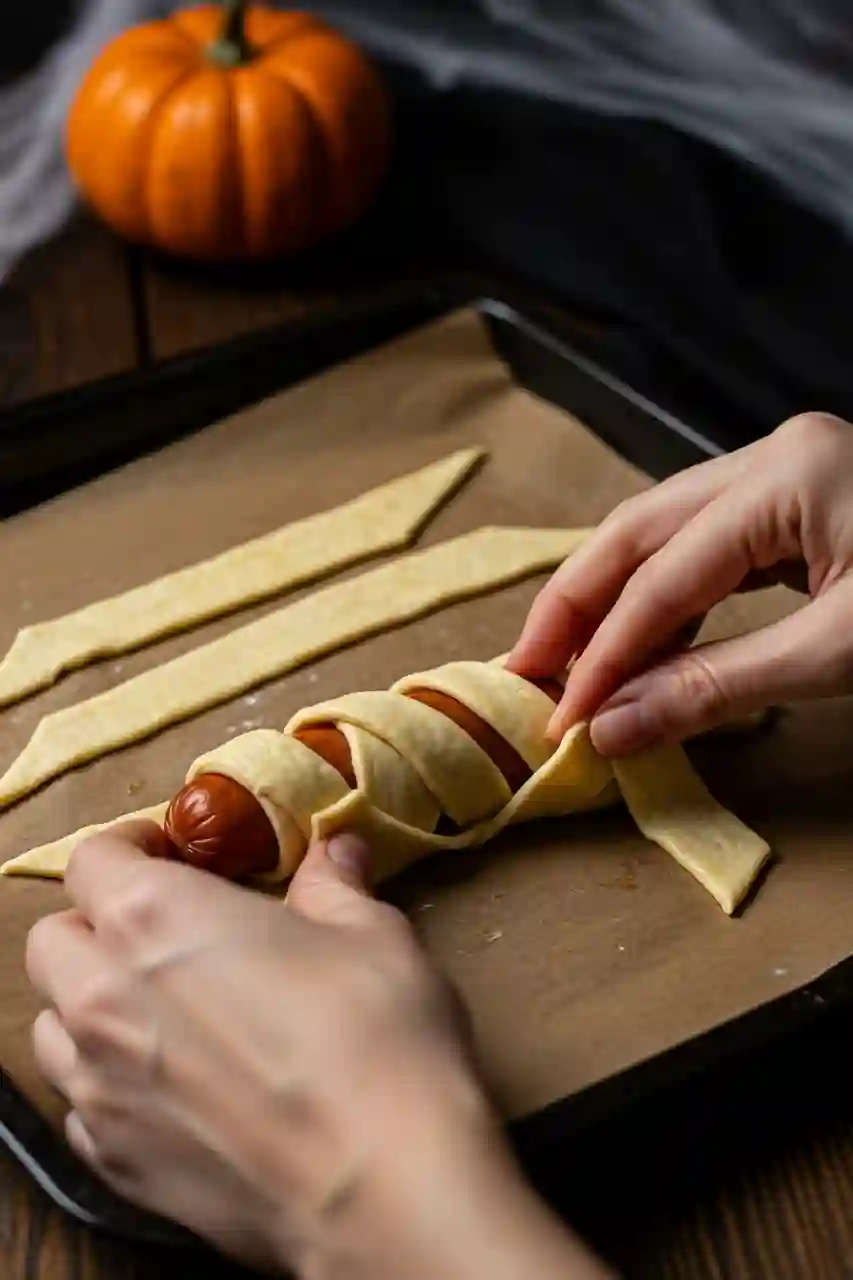 halloween-mummy-hot-dogs-step Hands wrapping puff pastry strips around hot dogs to create Halloween Mummy Hot Dogs.