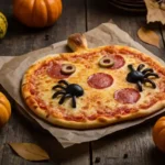 Halloween pumpkin pizza shaped like a jack-o’-lantern with olive spiders and pepperoni eyes on a rustic wooden table.