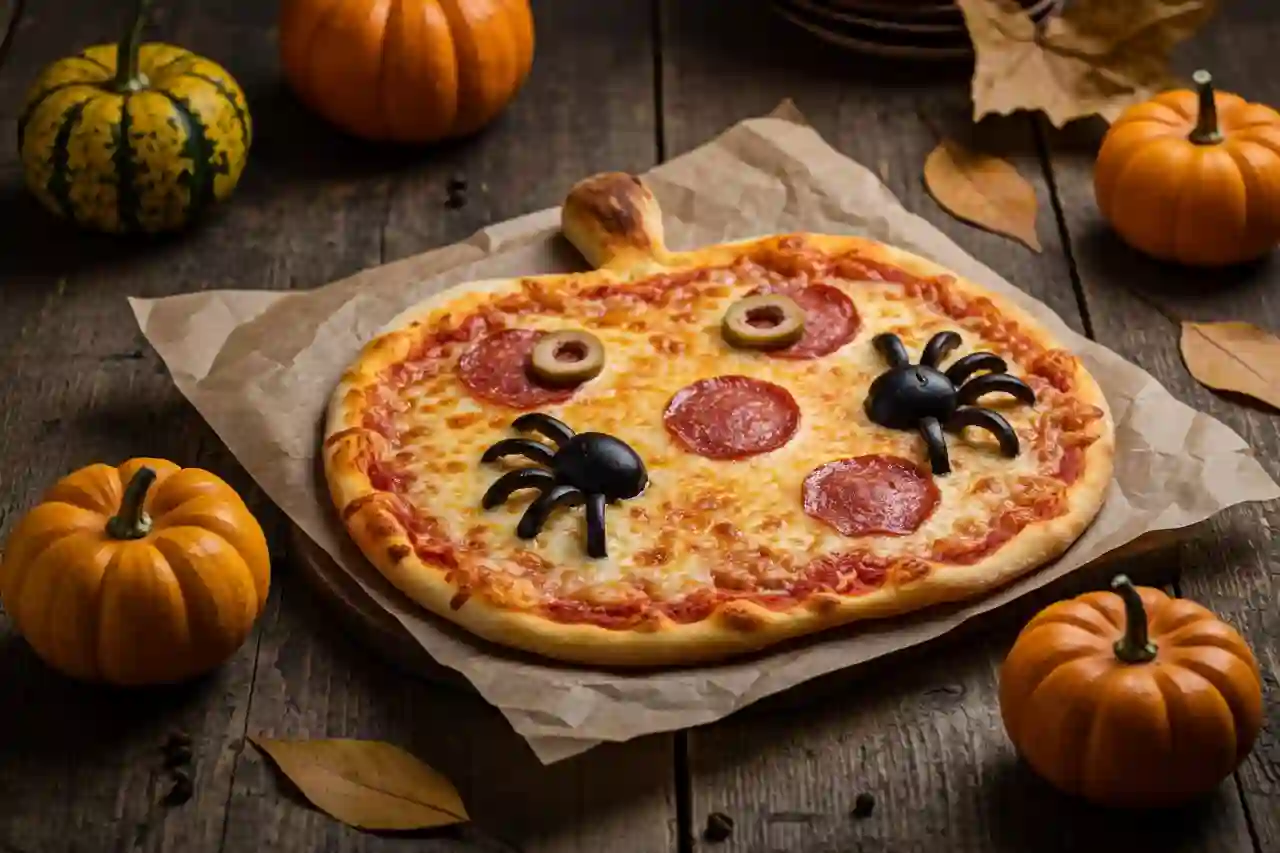 Halloween pumpkin pizza shaped like a jack-o’-lantern with olive spiders and pepperoni eyes on a rustic wooden table.