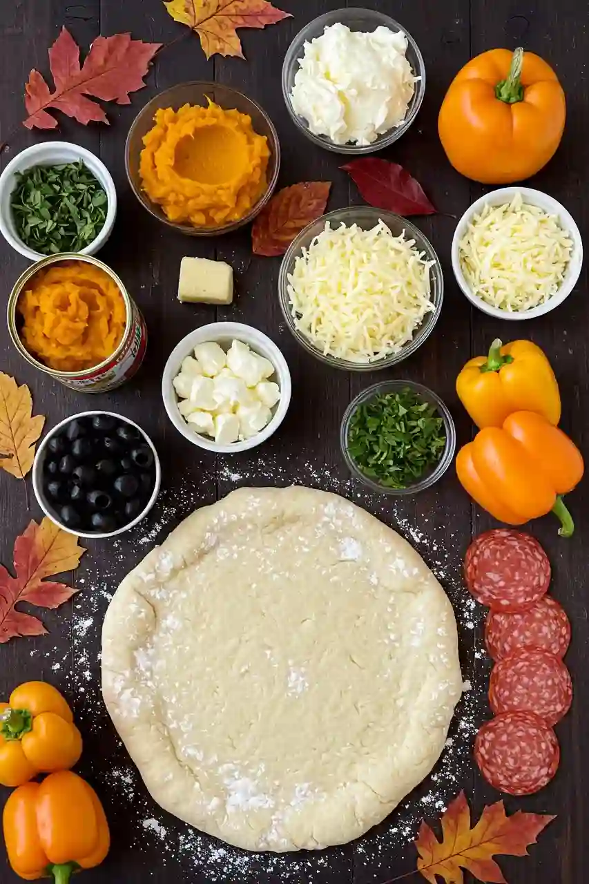 halloween-pumpkin-pizza-ingredients Flat lay of halloween pumpkin pizza ingredients on a rustic wooden table with pumpkin puree, cheese, olives, and bell peppers.