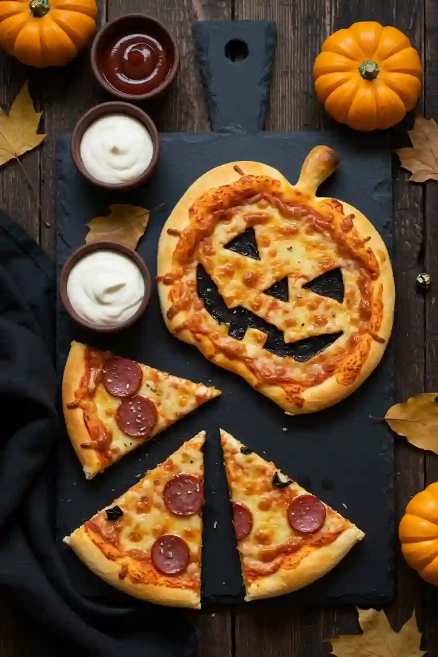 halloween-pumpkin-pizza-serving Sliced halloween pumpkin pizza served on a black slate tray with autumn leaves and mini pumpkins.