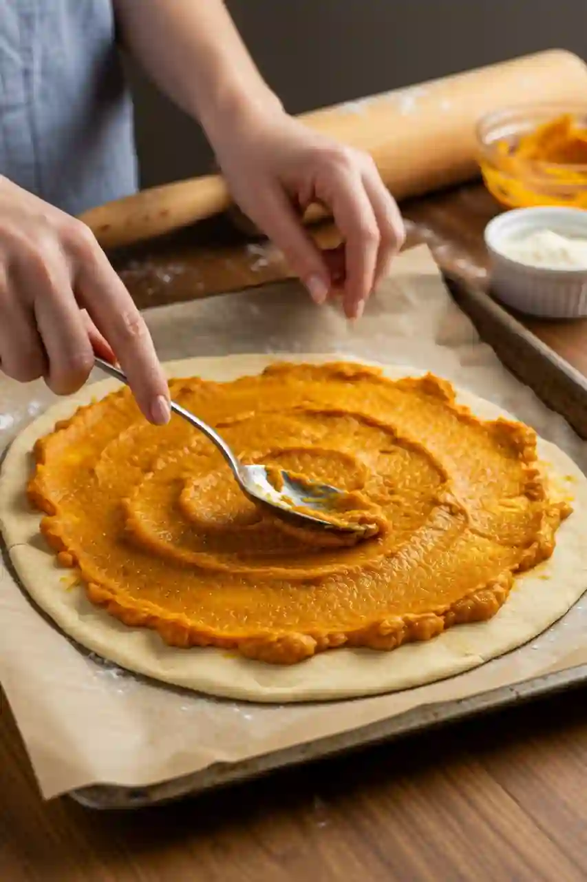 halloween-pumpkin-pizza-step-by-step Hands spreading pumpkin puree on pizza dough for halloween pumpkin pizza on a parchment-lined tray.