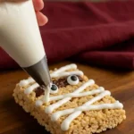 Piping frosting to create mummy bandages on Rice Krispie Treats